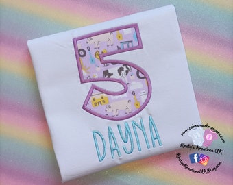 Girls Farm Themed Lilac & Cow Birthday T-Shirt Embroidered Shirt with Birthday Number or Initial Personalised Birthday Shirt Smash UK prop
