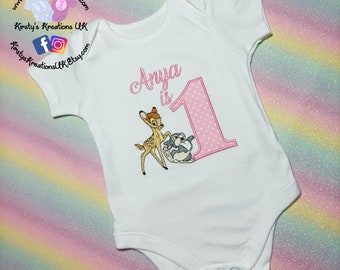 Bambi & Thumper inspired Embroidered Birthday Shirt Tee Top T-Shirt Bodysuit Birthday Themed White Cotton Personalised Girls Birthday Top