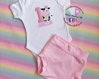 Baby Girl Pink Cow Bummie Pants Cake Smash Set - Handmade Cake Smash Photo Prop First Birthday Outfit Girls 1st/2nd Birthday Jersey Bummies