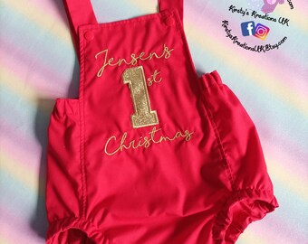 My 1st Christmas Handmade Romper - Personalised embroidered romper - Christmas Day outfit ideal for meeting Santa and Photoshoots