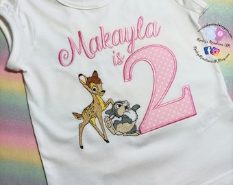 Bambi & Thumper inspired Embroidered Birthday Shirt Tee Top T-Shirt Bodysuit Birthday Themed White Cotton Personalised Girls Birthday Top