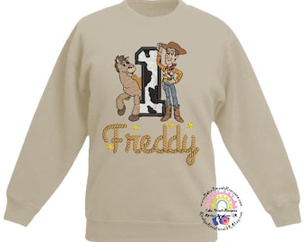Woody's Round Up Birthday Sweater  -Embroidered Cowboy Toy Story Woody and Bullseye Design Birthday Number Beige Sweater