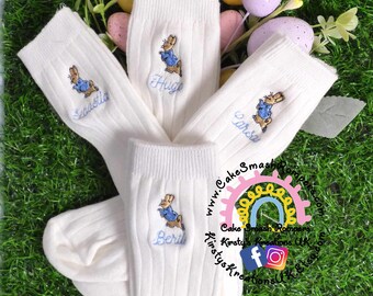 Peter Rabbit Personalised Sock Set - Cotton Rich Embroidered Knee High Sock with Child's Name and Image of Peter Rabbit White Sock High Boy