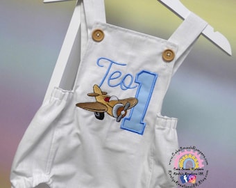 Handamade Luxury Cake Smash Outfit Cotton Linen Little Boys Classic Airplane Vintage Plane White 1st Birthday Wooden Button Dungaree Romper