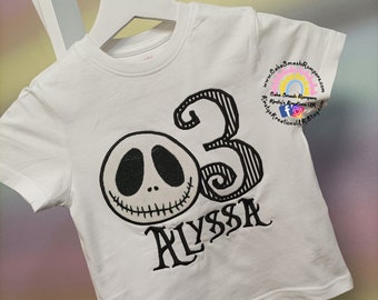 Jack Skellington Personalised T-Shirt Birthday Embroidered White Crew Neck Tee ideal for Birthdays & Everyday Wear Instagram Outfit 3m-10y