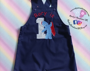 Iggle Piggle Themed Shortalls for Birthday Cake Smash Photoshoots & Parties. Fantastic Handmade Short Leg Dungaree-style Romper Outfit