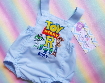 Handmade Personalised Toy Story Embroidered Romper Outfit- featuring Woody & Buzz along with the aliens from Disney's Toy Story films