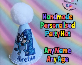 Bluey Inspired Disney Junior Birthday Party Hat - 1st Birthday Hat Cake Smash Photo Prop - Matching Outfit and Hat option - 2nd/3rd