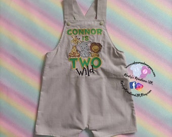 Two Wild Safari Zoo Birthday Cake Smash Shortalls Wild One Baby Birthday Handmade Linen Look Cotton Luxury 1st/2nd Birthday Outfit Clothing