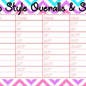 May include: A chart showing size measurements for Harem Style Overalls & Shortalls. The chart lists sizes from 0-3M to 5-6Y and includes measurements for height, chest, waist, hips, and head in inches.