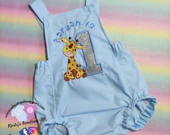 Giraffe Baby Blue Boys Birthday Cake Smash Romper Wild One Handmade Personalised 1st First Birthday Outfit - Photoshoot Birthday Clothing