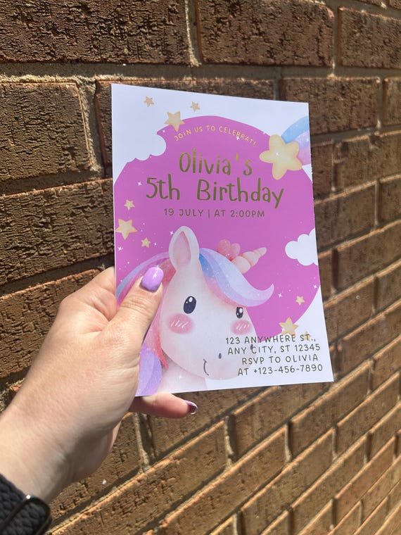 Personalised Foiled Unicorn birthday invites a5 size