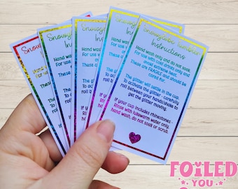 Snow globe Tumbler Care Cards 85x55mm | Rainbow Glitter Foil Care Instructions | Small Business Packaging Inserts | Cup Care Cards