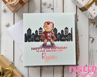 Personalised Superhero Iron Man Birthday Card any age any name | Kids Birthday | luxury Red foil personalisation