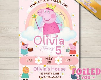 Personalised Pig Birthday Invitation | Rainbow Party Invite with Envelopes