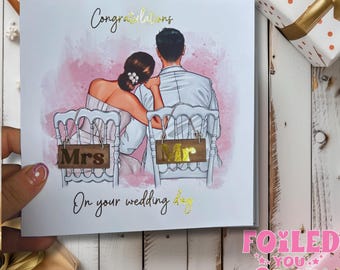 Personalised Wedding Day Card | Gold Foil Mr & Mrs Card | Custom Couple Surname | 6x6 Luxury 300gsm Card | Wedding Congratulations Card