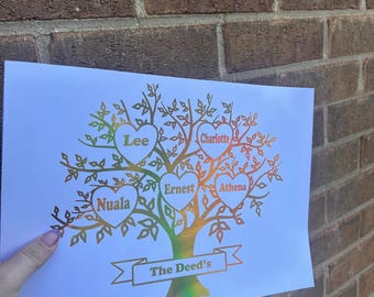 A4 Personalised Family Tree Print – Custom Family Names in Gold Holographic Foil