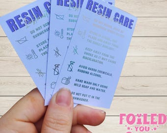 Resin Care Cards 85mm x 55mm Foil Finish | Small Business Packaging Inserts | Resin Care Instructions Cards | Pack of 20