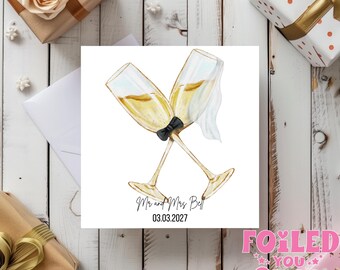 Personalised Wedding Card, Champagne Glasses Couple Card, Custom Mr and Mrs Greeting (6x6 Inch)