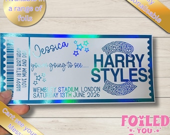 Personalised Concert Ticket Gift – Foil Keepsake Voucher, Custom Gig / Event Reveal, 300gsm Card
