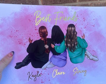 Personalised Friends Wall Print, Custom Names, Gold Foil A4 Friendship Art