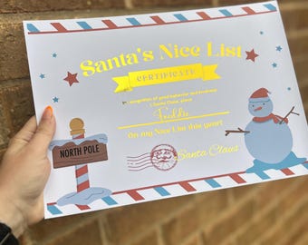 Personalised foiled Santa nice list certificate a4 size