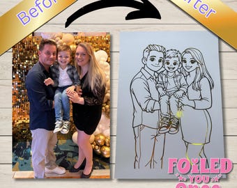 Custom Family Portrait Print | Metallic Foil Line Art, A4 (Personalised Gift)