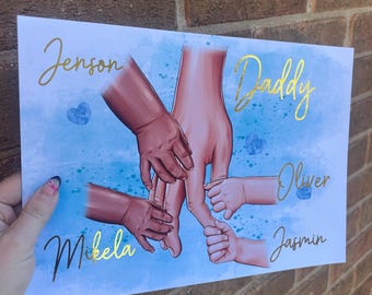 Personalised Daddy and Child Hands Print, Gold Foil Elements (Fully Personalised)