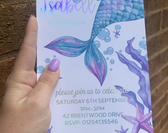 Personalised Mermaid birthday invites a5 size