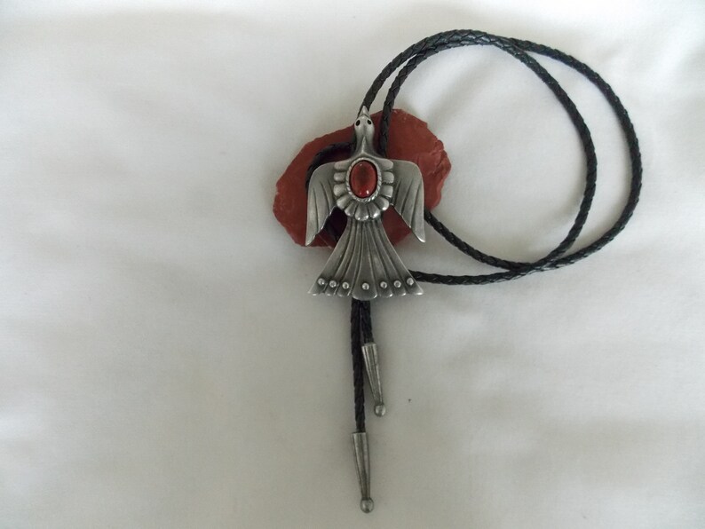 Circa 1970/'s Thunderbird Pewter Bolo With Red Stone