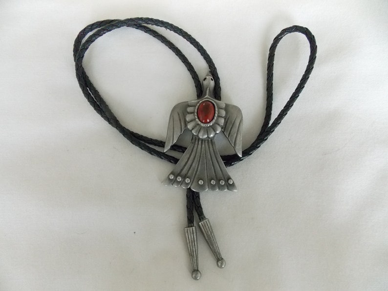 Circa 1970/'s Thunderbird Pewter Bolo With Red Stone