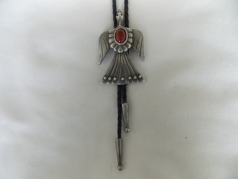 Circa 1970/'s Thunderbird Pewter Bolo With Red Stone
