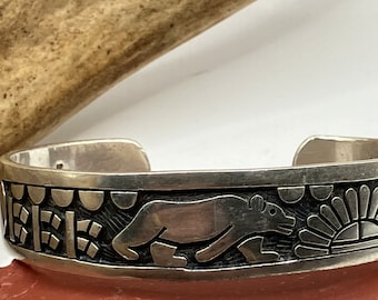 Vintage Navajo Silver Overlay Bear Bracelet. Signed. Circa 1970