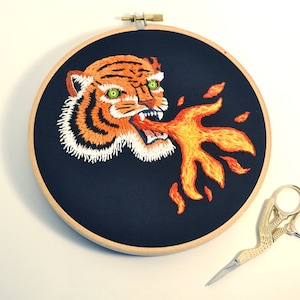 Fire Breathing Tiger Embroidery Hoop | Embroidered Tiger | Fire Embroidery Hoop | Thread Painting Tiger