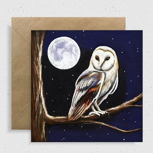 Cartão de felicitações de coruja de celeiro na floresta, 6 x 6 "em branco por dentro, vida selvagem, lua, britânico, espírito da floresta, floresta, pássaro, galeria de arte selvagem