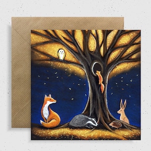 Carte de vœux In The Woods, 6x6 » Blank Inside, Hibou, Blaireau, Écureuil, Hérisson, Lièvre, Renard, Woodland Spirit, Forêt, Galerie d’art sauvage