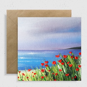 Poppies By The Sea Greeting Card, Strand, Art Card, 6x6 "van origineel schilderij van Sarah Featherstone, Wild Art Gallery