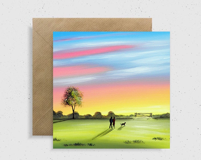 Sunset Sky Dog Walk Greeting Card, Art Card, 6x6" from Original Painting By Sarah Featherstone, Wild Art Gallery
