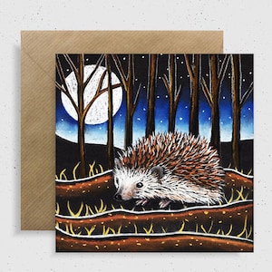 Cartão de felicitações Hedgehog In The Woods, 6 x 6 "em branco por dentro, vida selvagem, lua, espírito da floresta, floresta, galeria de arte selvagem