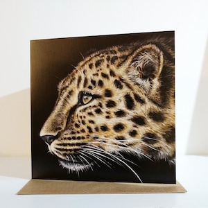 Carte de vœux Leopard Big Cat, 5x5 » vierge à l’intérieur, d’après une peinture originale de Sarah Featherstone, Wild Art Gallery