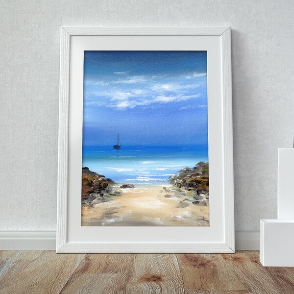 Sea View A3 Seascape Print by Sarah Featherstone, Beach Watercolour Painting, Signed Wild Art Gallery