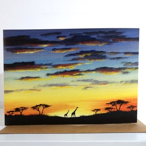 Sunset In Africa Greeting Card, Art Card, Fine Art, from Original Landscape Watercolour Painting by Sarah Featherstone, Wild Art Gallery UK