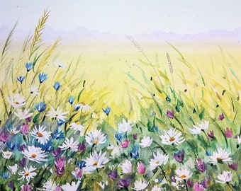 Summer Meadow Wild Flowers Landscape Watercolour A3 Painting, Signed By Sarah Featherstone, Wild Art Gallery Original Fine Art Daisies Sky