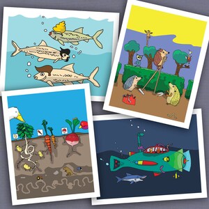 Holen Sie sich alle vier Comic-Comic-Grußkarten in einem Spiel! Hering, Katzen in einem U-Boot, besorelles Gemüse und Hecken mit Schere.