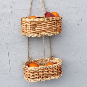 Wicker hanging fruit basket for kitchen Woven storage basket wall mount image 1