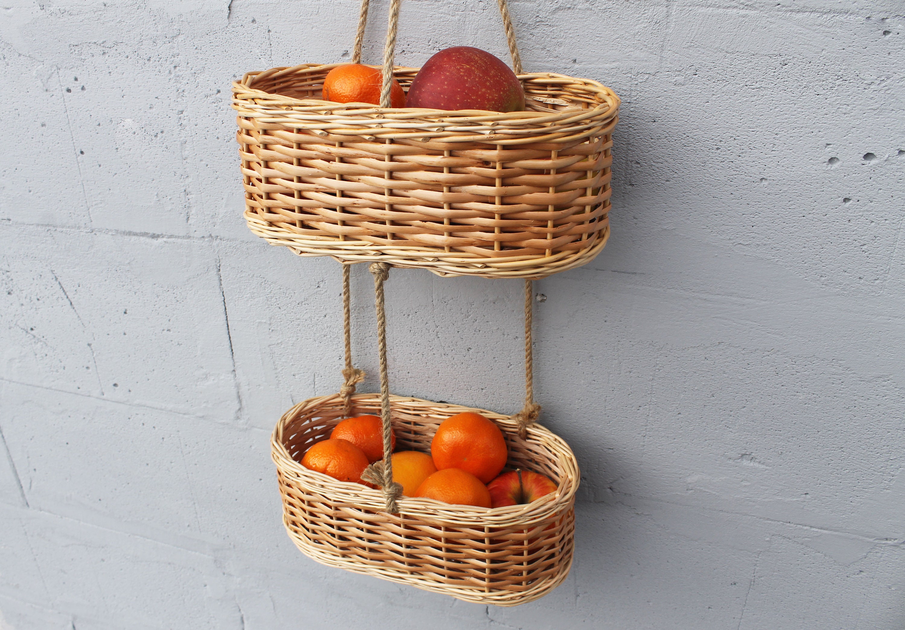 Wicker hanging fruit basket tier Hanging basket kitchen Etsy
