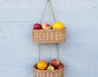 Wall hanging fruit basket Wicker tiered basket Kitchen storage basket