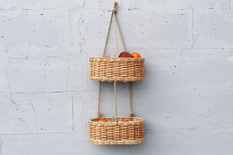 Wicker hanging fruit basket for kitchen Woven storage basket wall mount image 3