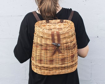 Wicker backpack with leather handles Mushroom basket backpack