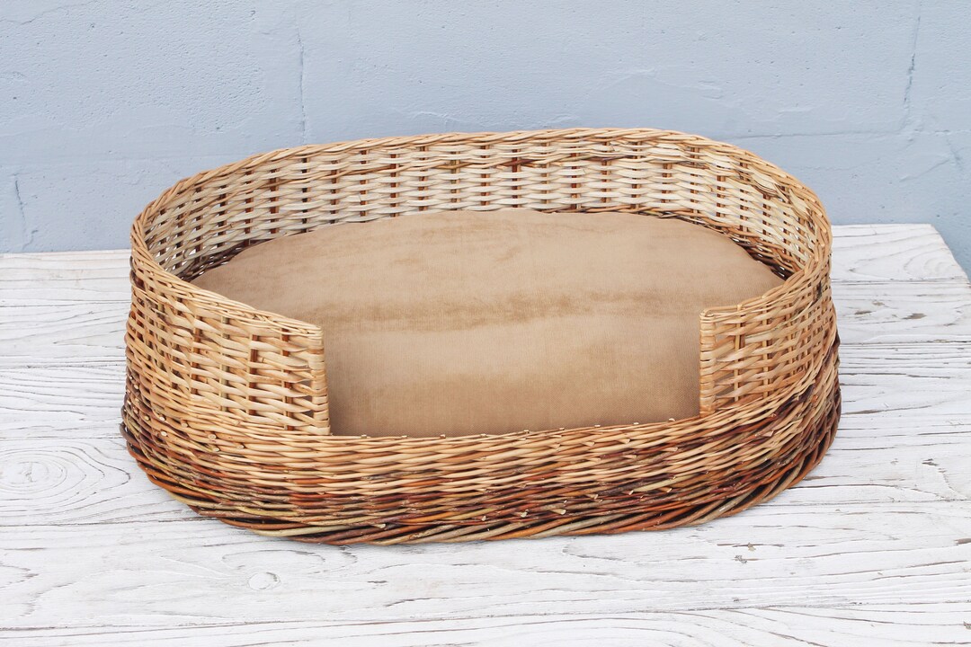 Large Wicker Dog Bed With Pillow Woven Cat Basket Oval Pet Bed Etsy